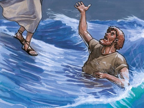 Imagem ilustração de Pedro andando sobre as águas, afundando, salvo por Jesus